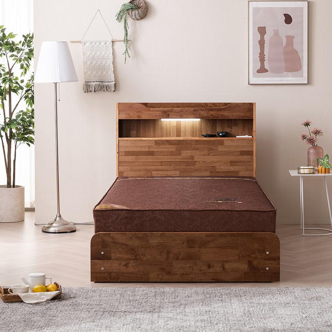세계로가구 국내생산 안젤라 LED조명 고무나무 원목 수납형 침대 프레임 슈퍼싱글/퀸, 슈퍼싱글(프레임만), 월넛