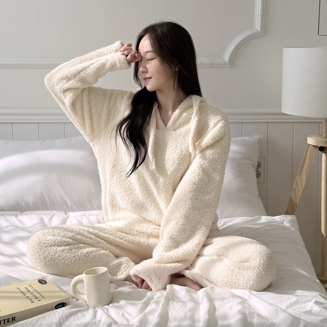 리아모르 여성 후드 극세사 수면 잠옷 파자마 세트