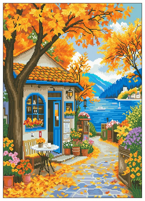 실십자수 도안 세트 DIY 패키지 풀구성 가을풍경 50x67cm, 1개