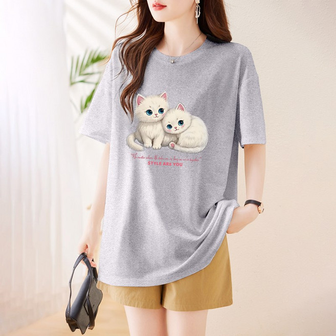 스타일아유 편한 우유실크원단 오버핏 캐릭터 반팔티 유니크한 감성 여성 캐주얼 티셔츠 TS3492