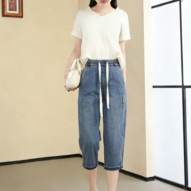 여름 얇은 워싱 데님 7부바지 중년여성 청반바지 스트링 밴딩 와이드 일자 캐주얼바지 빅사이즈
