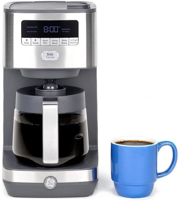 타이머가 있는 GE 드립 커피 메이커 | 10컵 보온 카라페 냄비로 2시간 동안 커피를 따뜻하게 유지 브루 강도 조절 가능 최대 풍미를 위한 넓은 샤워 헤드 주방 필수품 스테인리스, 유리병