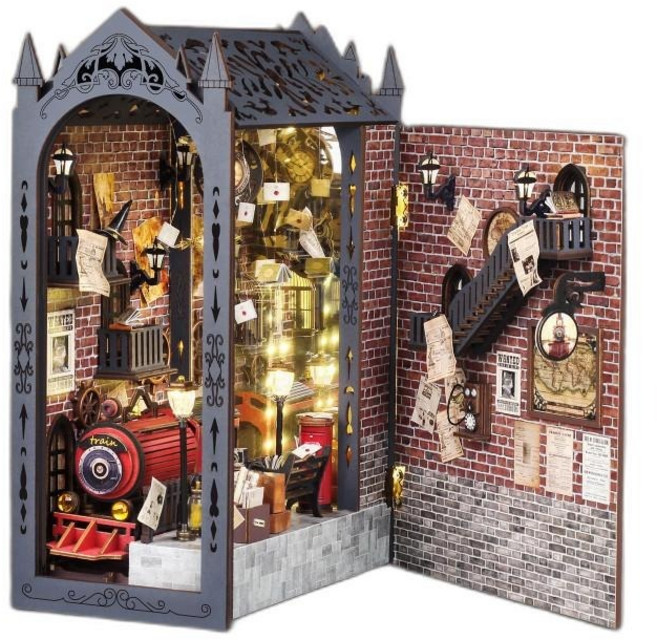 북눅미니어처 핸즈크라프트 해리포터 승강장 DIY 책꽂이장식 키트 엔틱 모형 북엔드 북누크 하우스만들기, 시공간 궤적 + 도구 + LED 램프