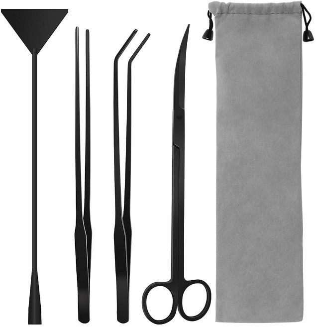 Liveek 수족관 아쿠아스케이프 도구 키트 in 방청 수생 식물 스테인리스 스틸 블랙 핀셋 가위 주걱 수조 클린 어항 세트 블랙, 12.5in, Silver