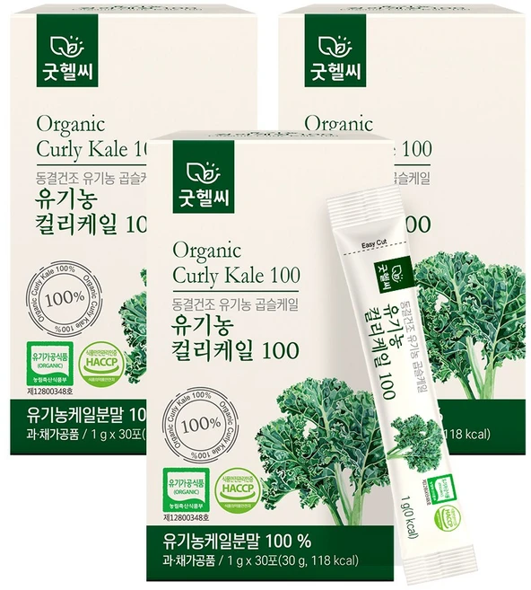 굿헬씨 유기농 컬리케일 100 동결건조 곱슬케일 분말 30포, 3개, 30g - 쿠팡