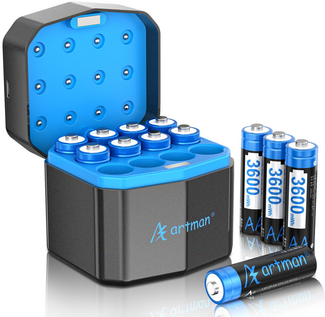 Artman1.5V AA 리튬 충전지 12알 + LED 12구 충전기 세트 도어락 장난감용 대용량, 1개, 1세트