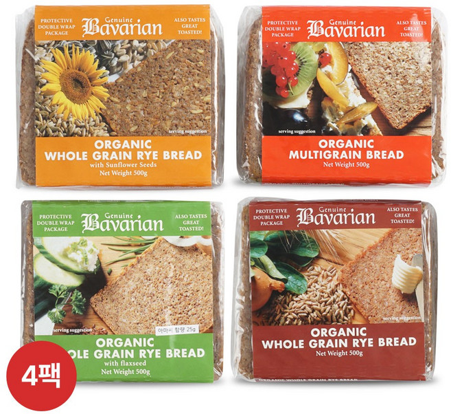 슐렌더 바바리안 유기농 호밀빵 (플레인해바라기씨멀티그레인아마씨), 500g, 4개