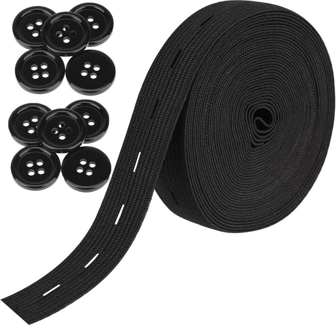 단추구멍 허리 고무밴드300cm + 10 단추, 1개, 블랙20mm
