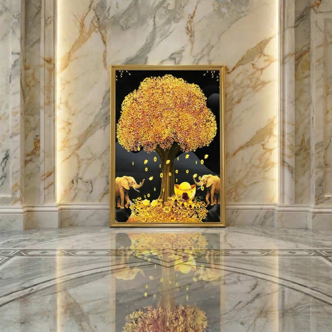 머니아트 돈들어오는 풍수 황금 액자 7종 재물운 금전운, 나무와 코끼리 (세로)