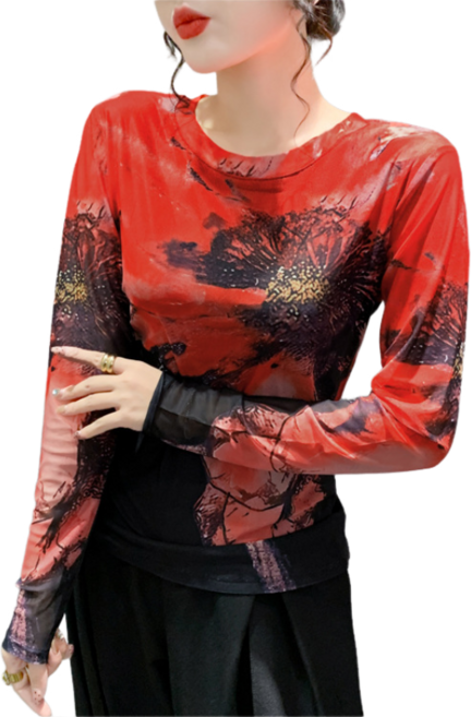 댄스복 상의 여성용 라운드 망사 긴팔 티 Women's T-shirt