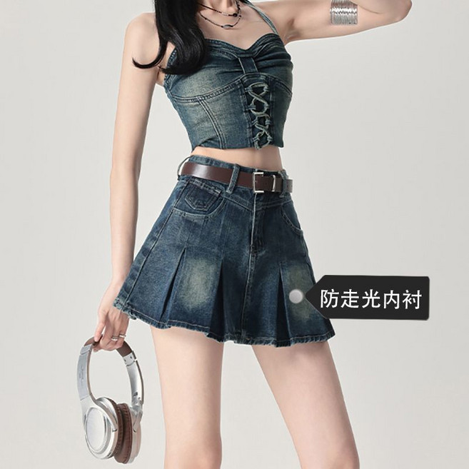 韓版高腰百褶牛仔短裙
