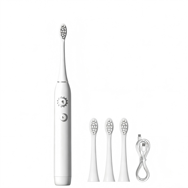 SmartSonic+ T6 음파 전동칫솔 + 칫솔모 4개 이중 모드 아침/저녁 사용, 1개, 화이트