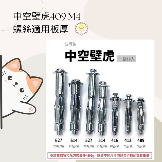 台灣製 石膏板空心磚用膨脹螺絲 輕隔間拉脹釘 拉釘, 1個, 409中空壁虎M4