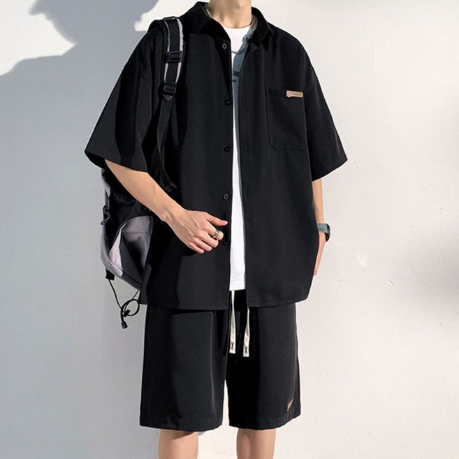 여름 얇은 셔츠 캐주얼 남성 빅사이즈 통기성 루즈핏 반팔 반바지 스포츠 투피스