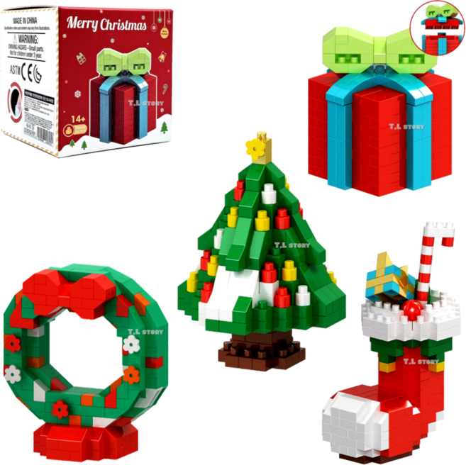 크리스마스 나노블럭 4종 세트(4p) 산타 미니블록 크리스마스 트리 장식 피규어 만들기 놀이 교재 답례품 선물, 혼합색상(4개1세트), 1개