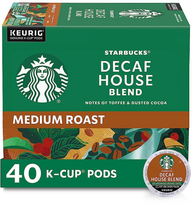Starbucks 디카페인 K컵 커피 포드 큐리그 브루어용 하우스 블렌드 40개, 4) 40 Count (팩 of 1) - Decaf H
