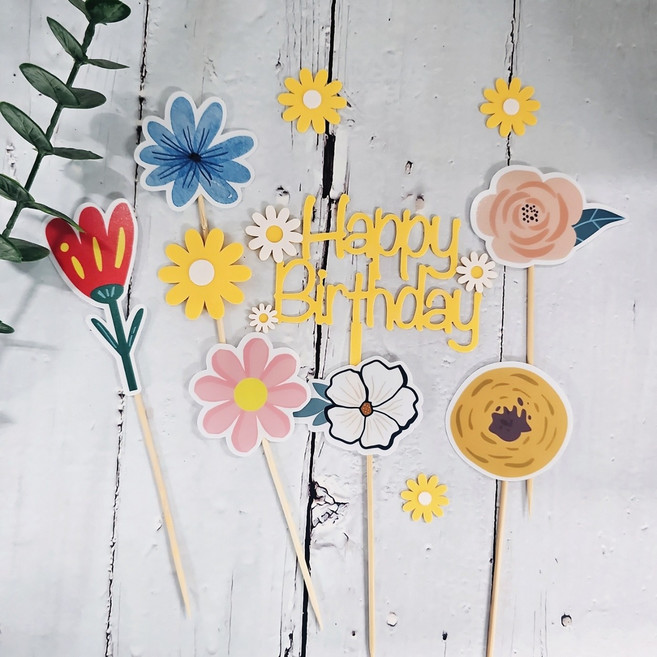 써니토퍼] happy birthday 아크릴케이크토퍼 + 꽃토퍼6개 세트, 1세트, 노랑+꽃세트