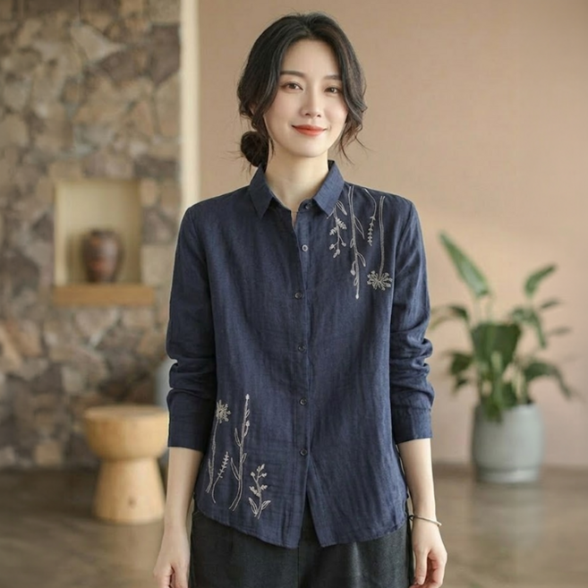 데일로엔 여성 긴팔 플라워 자수 셔츠 블라우스