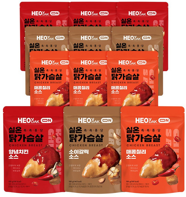 허닭ON 촉촉퐁당 실온 닭가슴살 3종 혼합 (양념치킨 소이갈릭 매콤칠리), 12개, 120g