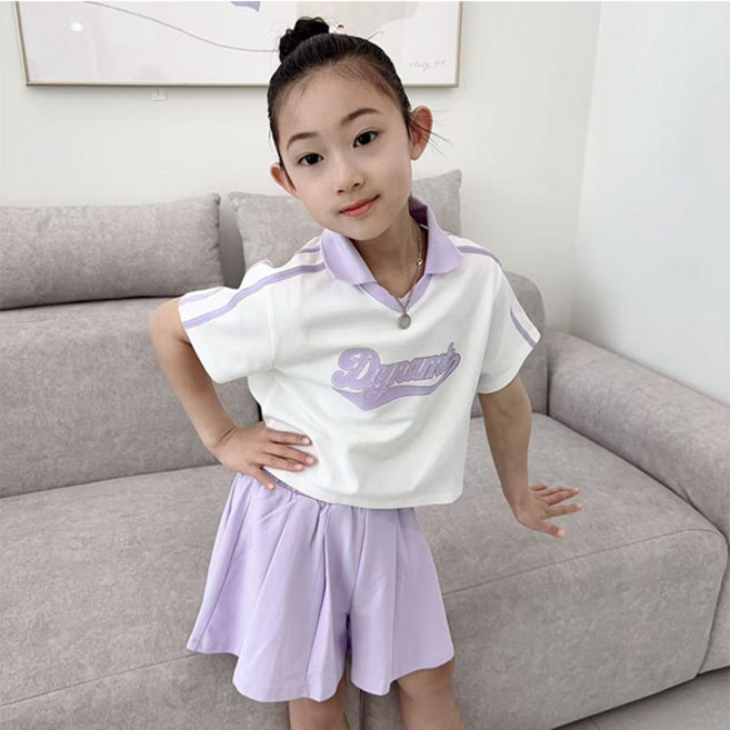 키즈목마 2025 여름 여아 반팔+주름치마반바지 세트 주니어 카라넥 티셔츠 상하복 620