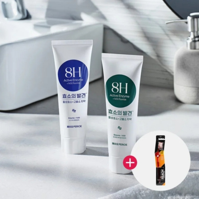 LG생활건강 페리오 효소의발견 1450 고불소 민트 치약 100G*3입+(증정) 리치 컴플리트 오리지널 칫솔 1입 (2종 택1), 유러피안민트 100G*3입