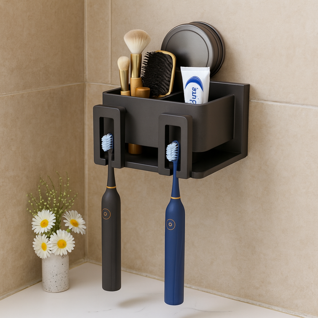 클레미엄 무타공 흡착식 우주 항공알루미늄 칫솔꽂이 칫솔걸이 스테인리스 컵꽂이, 2구, 그레이2구