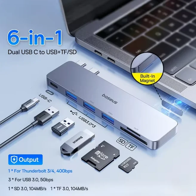 Baseus 듀얼 USB-C 허브-HDMI 호환 4K 30Hz Thunderbolt 3/4 40Gbps 3.0 유형 C 허브 MacBook Pro Air SD T, 01 빠른  Mainland, 01 6-IN-1 USB with SDTF