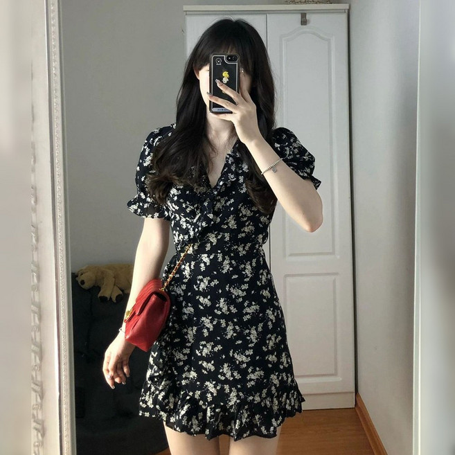 지고다그 여성용 여름 플라워 미니원피스 브이넥 슬림핏 A라인HH0920