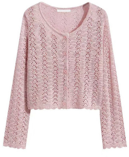 ROYALBELLE 여성 브이넥 니트 펀칭 버튼 자외선 차단 숏기장 긴팔 가디건 K0030110