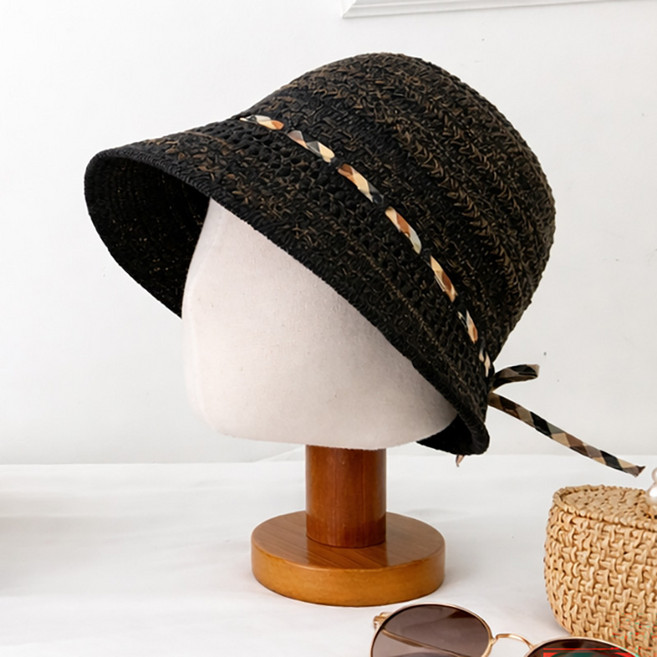 지사 체크 리본 여성 여름 벙거지 모자