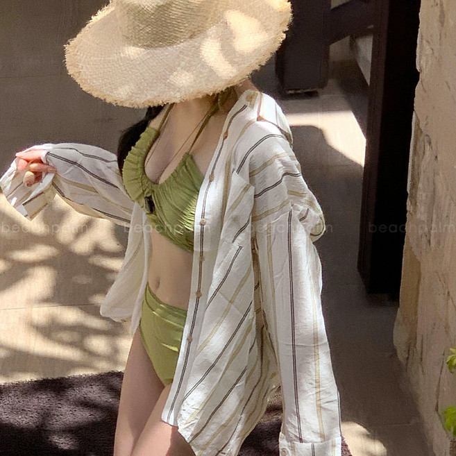 [비치팜] 베스 스트라이프 썸머 셔츠 여름 긴팔 여성 남방 루즈핏 수영복 커버업