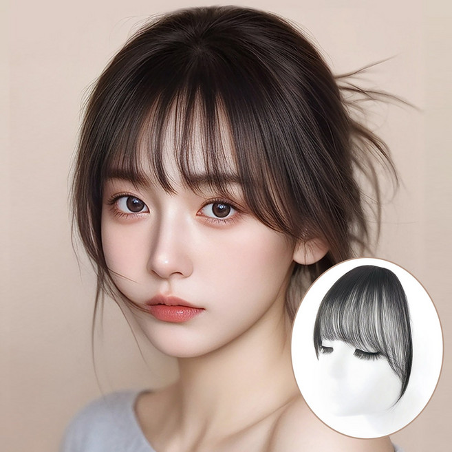 아이라 프리미엄 인모 100% 수제 부분가발 헴라인 정수리 가발 시스루뱅 앞머리 여성가발, 1개, 자연블랙