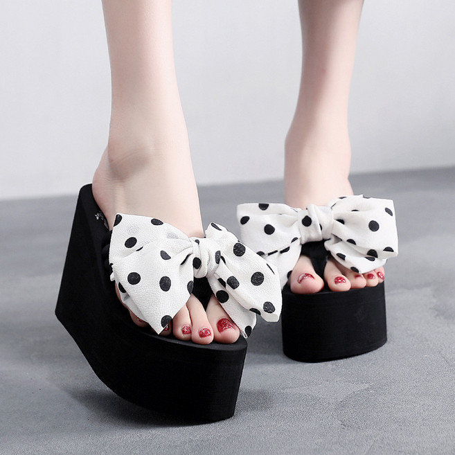 천하오 하이힐 여 여름 미끄럼 방지 통굽 리본 J1549