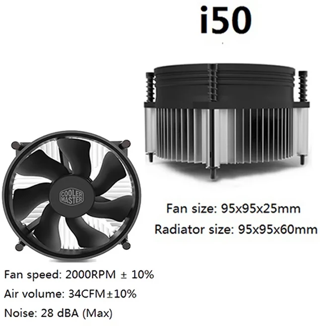 인텔 LGA115X 1200 및 M-ATX 라디에이터 쿨러 마스터 I30 미니 CPU 저소음 선풍기 RPM, 02 i50