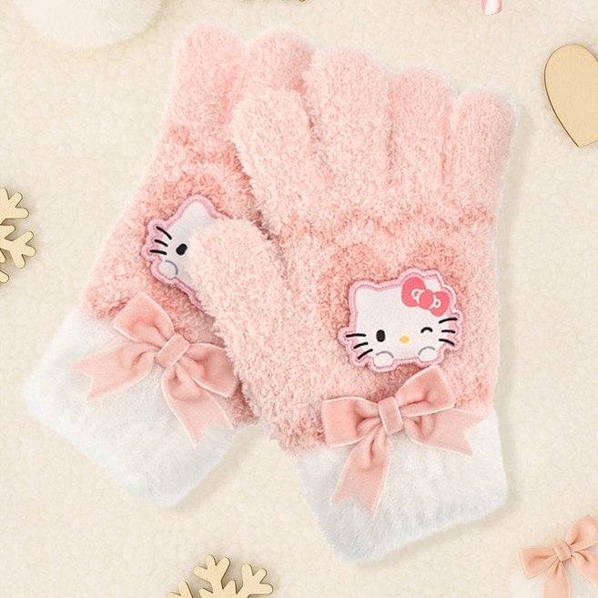 산리오 장갑 여아용 벨벳 리본 날개사 손가락 장갑 시나모롤 마이멜로디 포차코 헬로키티