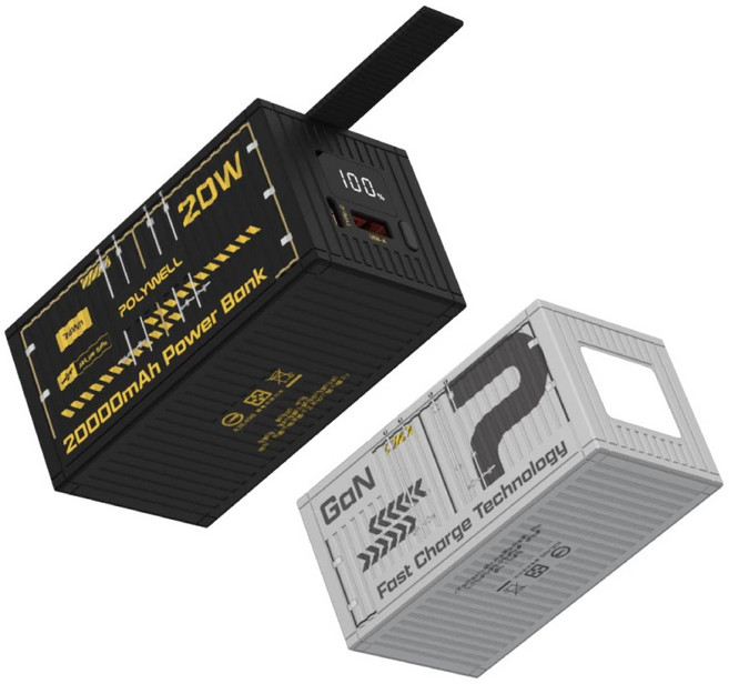 POLYWELL 貨櫃屋行動電源 20000mAh PD20W快充 雙孔輸出 LED照明燈 附編織掛繩 BSMI認證, 銀色20000mAh, DDS016-02