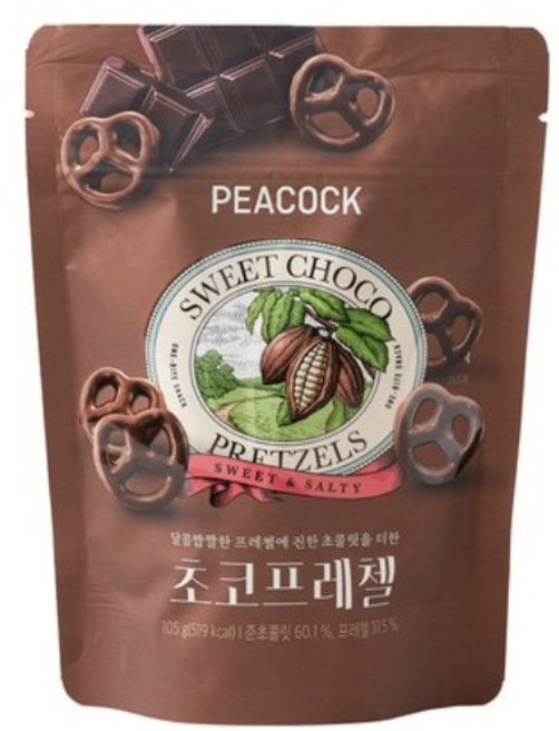 두꺼운 초코 코팅으로 달콤한 맛이 가득한 피코크 초코프레첼 (사탕증정), 105g, 1개