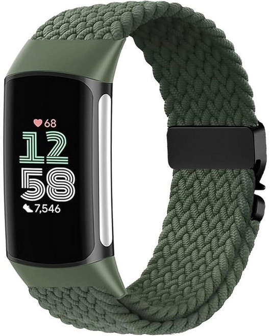 Issinlky Fitbit Charge 6/5와 호환되는 나일론 브레이드 밴드 5/6 여성용 남성용 탄성 밴드 134916, 다크 올리브 그린