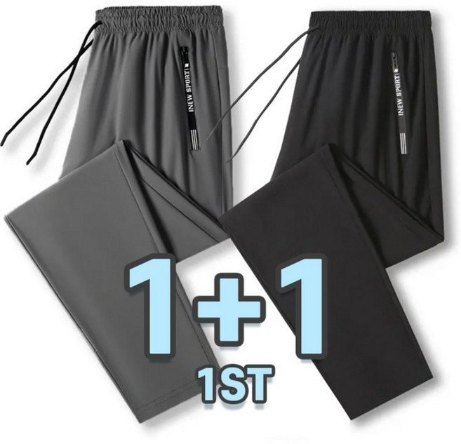 1+1 2장묶음 남성 여름 아이스 쿨 냉감 바지 링클프리 시원한 스판 밴딩 슬랙스 빅사이즈 사방스판 작업바지 2P
