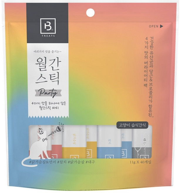 브리더랩 하루에 하나씩 월간스틱 파티 고양이 간식 11g 4종 x 10p 세트, 혼합맛(닭가슴살/닭가슴살+연어/참치/대구), 440g, 3개