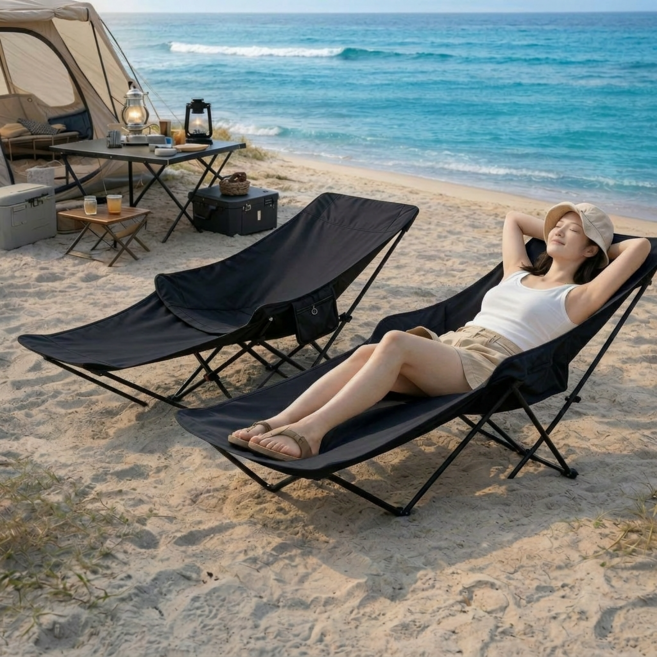 필드데이 편안한 각도 조절 접이식 캠핑의자 발판 탈부착 릴렉스 체어, 블랙, 2개