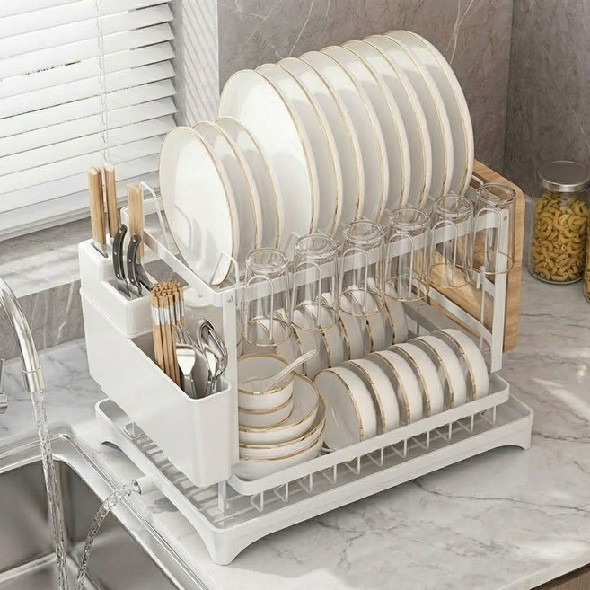 Dewhut 대용량 전탄소강 튼튼 주방 그릇 접시 수납 정리 식기 건조대, 1개, 화이트, 2단