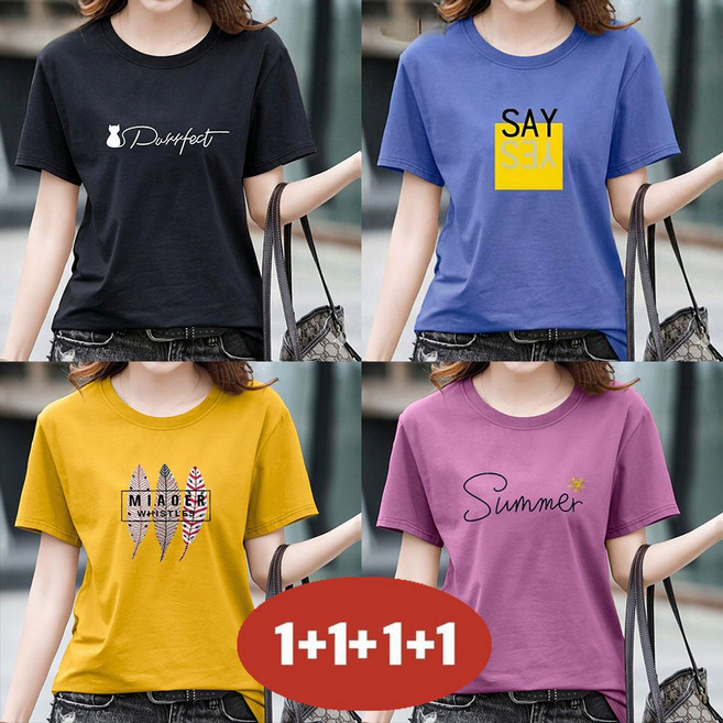 (세일 추천) 1+1+1+1 여름 4장 묶음 중년 여성 반팔 티셔츠 순면 루즈핏 캐주얼 여름옷 4장 세트 라운드 프린트 반팔티 이너 빅사이즈 꽃 홈웨어 큰옷 편한 여자 티