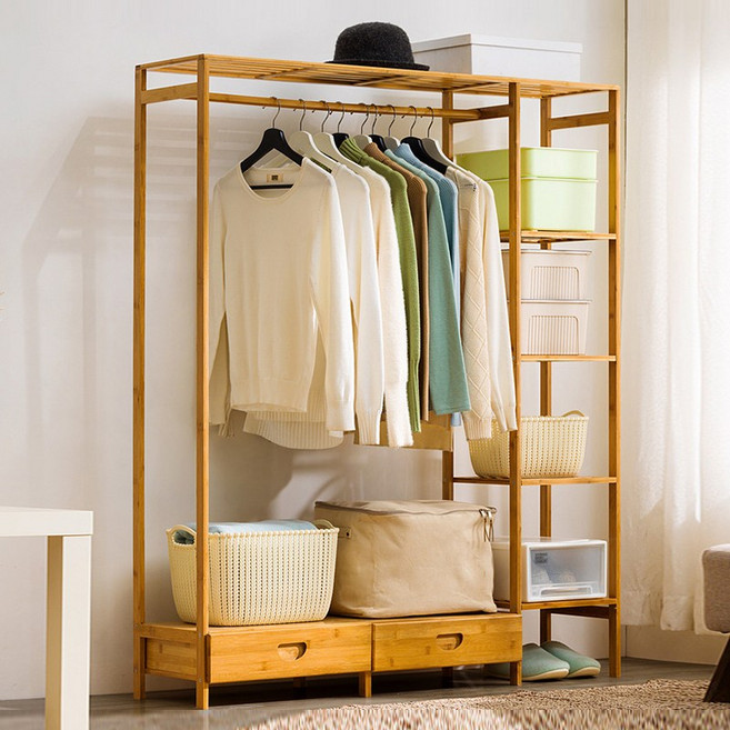 쿠리브 간편조립 스탠드 행거 옷걸이 원목색 대나무 드레스룸 시스템행거, 원목색 123*30*145cm