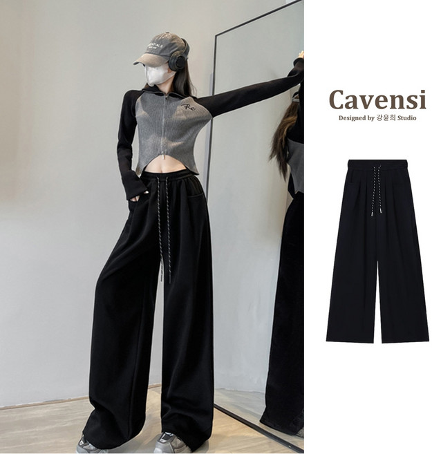 Cavensi 韓系鬆緊抽繩運動彎刀褲