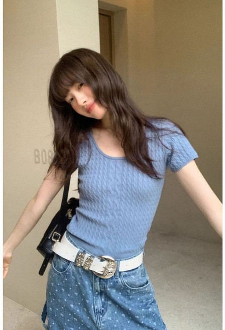 圓領麻花紋理針織衫短袖女夏季設計感顯瘦上衣