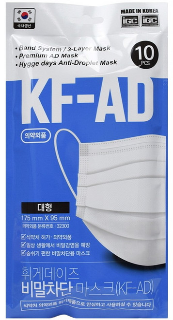 휘게데이즈 KF-AD 비말차단 마스크 대형 10매입, 1개, 화이트
