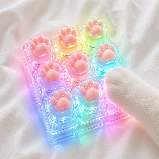 키캡하우스 LED 고양이 발바닥 키캡 키링 딸깍이 피젯토이, 1개, 투명 9구