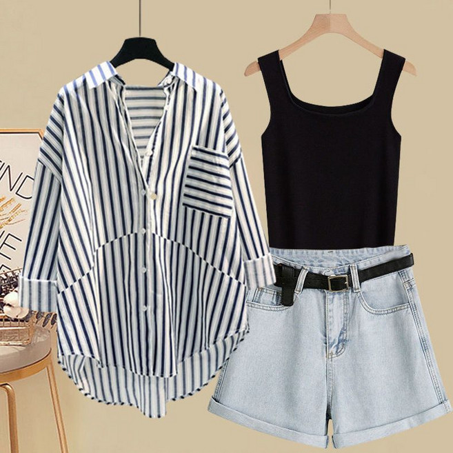 AOUGK 여성 반팔 세트 트레이닝복 자외선차단 블라우스 + 나시+ 반바지 캐주얼 여름세트