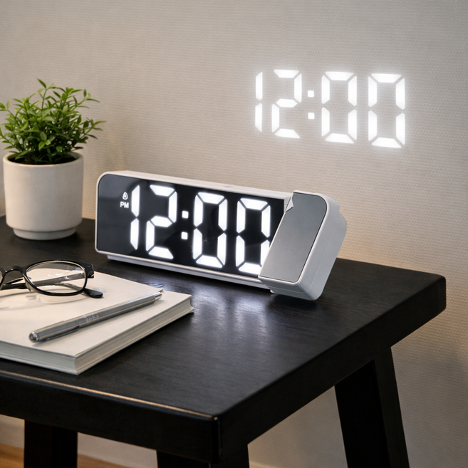 플랜와이 미니빔 프로젝션 디지털 LED 탁상 시계, 화이트 미러